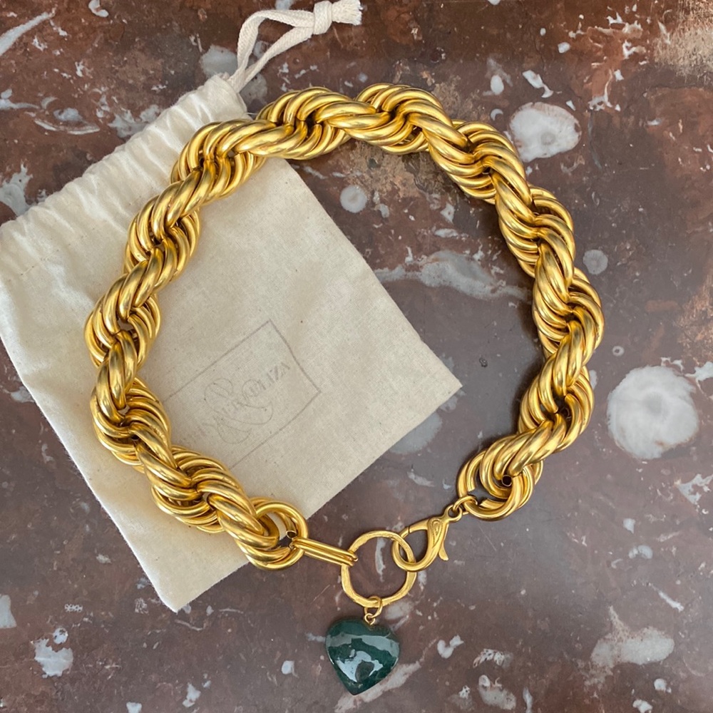 Brinker + Eliza Gold Twisted Rope Necklace with Green Heart Pendant